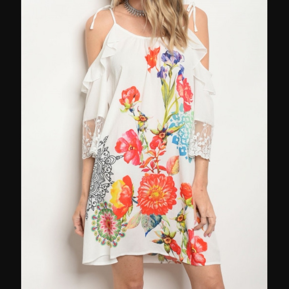Melissa Mini Dress Floral Print Scoop Neck Ruffles Lace Cold Shoulder S & L NWT